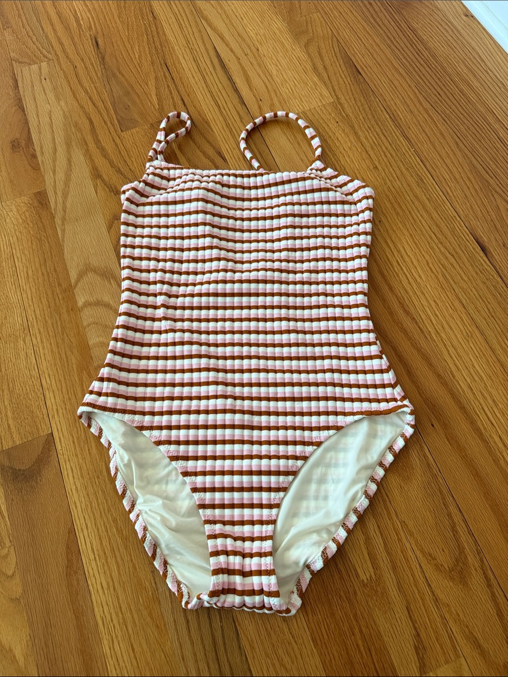 SOLID & STRIPED Pink, Brown & White Ribbed One-Piece Swimsuit